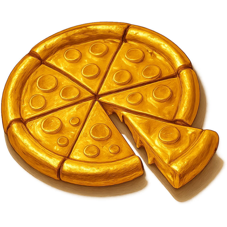 В cлегка рисованной, но при этом объемной и яркой стилистике сгенерируй картинку золотой пиццы, разделенной на кусочки, где один кусок вылезает в сторону. Пицца должна быть не желтой, а реально золотой, прозрачный фон emoji