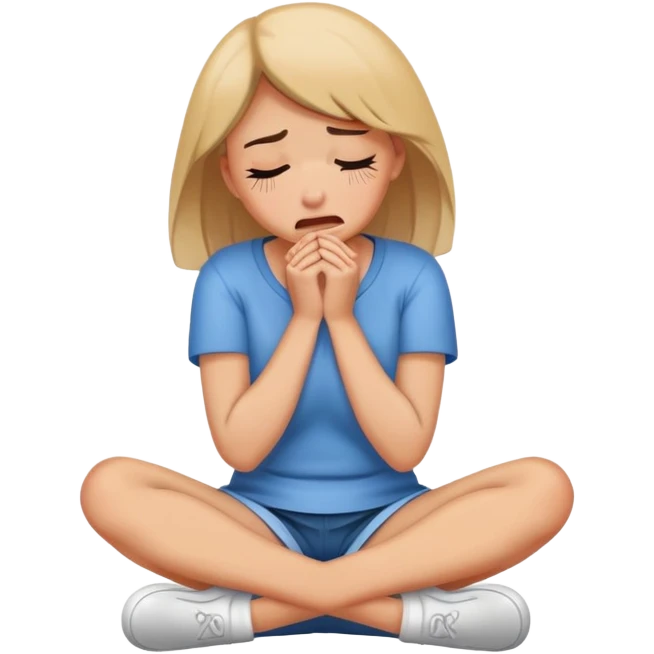 woman sitting on floor hugging her knees while crying emoji