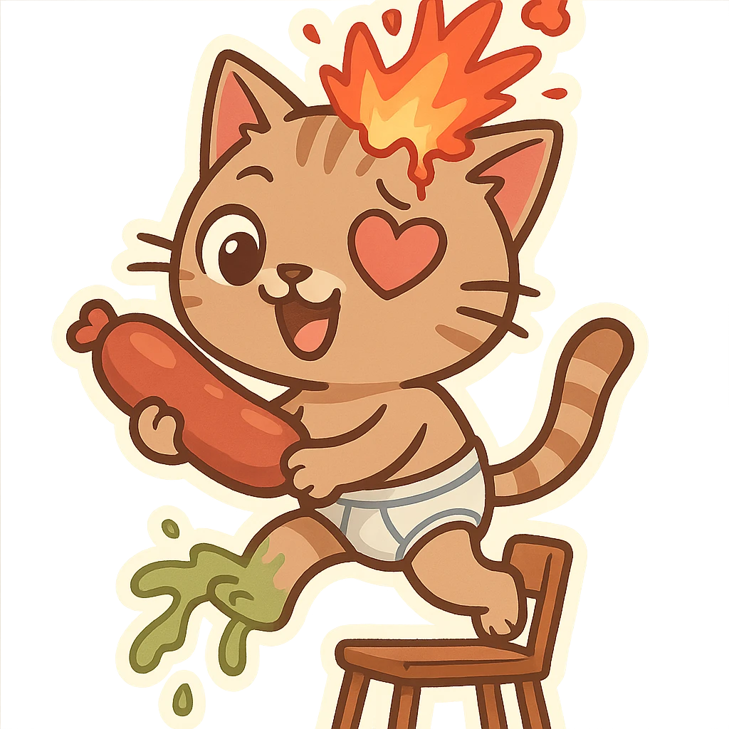 whimsical and expressive cartoon cat walking on a chair, holding a large sausage, one heart eye, green vomit coming from its leg, exploding head, wearing underwear emoji