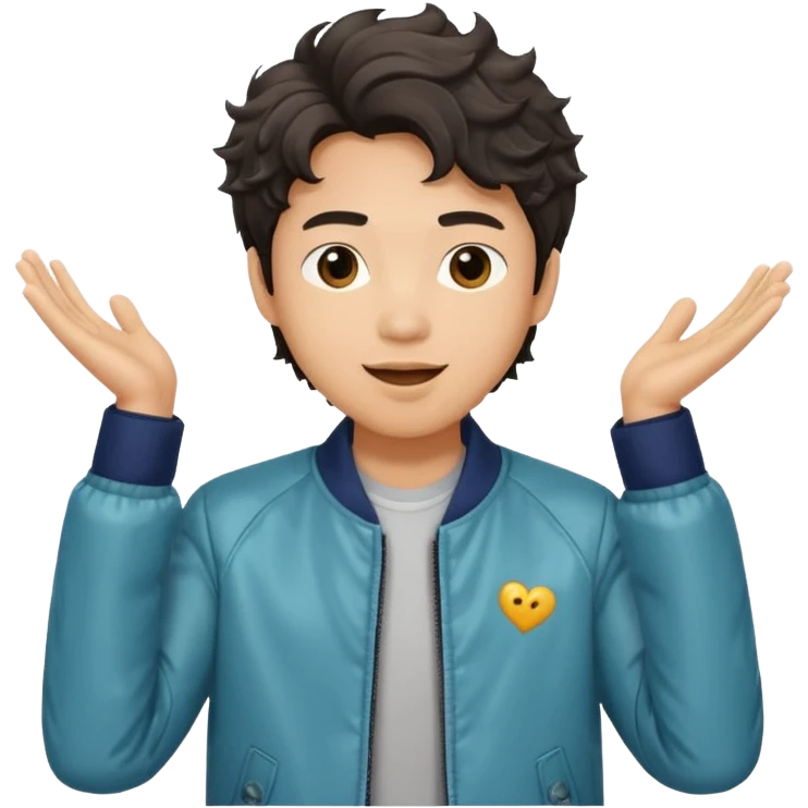 Asian guy wavy hair, dressed in a cool jacket, demure but excited for date tonight  emoji