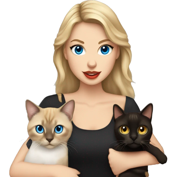 taylor swift with blue eyes holding 3 cats: 1 furry black with yellow eyes, 1 chocolate-point siamese, and 1 tabby-point siamese emoji