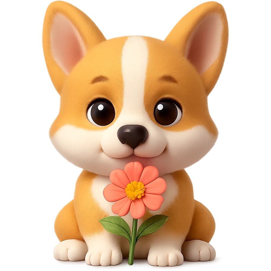 Crop the image to leave only the corgi baby with the flower, removing the mom and dad. The original style is 3D emoji style, please keep the look consistent with 3D emoji style and maintain a transparent background. emoji