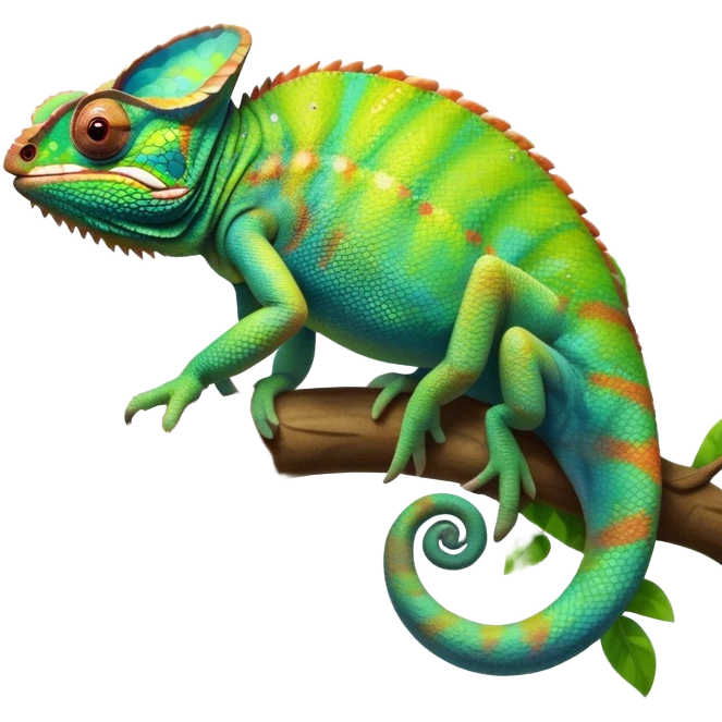 Giant Chameleon blending into natural surroundings, perched on a branch. Its vibrant colors shift with the environment. Lush greenery, branches, and soft sunlight create a peaceful, nature-filled background. Transparent background, showcasing the chameleon's colorful, textured skin. emoji