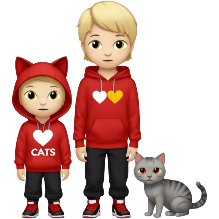 A 8 year old boy wearing a red and black hoodie say I heart cats he’s blond he has red Jordan’s and Hess wearing black pants he’s next to a gray cat with yellow eyes  emoji