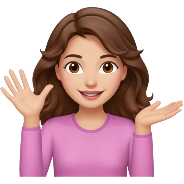 girl with wavy long brown hair, brown eyes, light to medium complexion, long lashes, light pink lipstick, smiling, wearing light pink shirt, slapping emoji