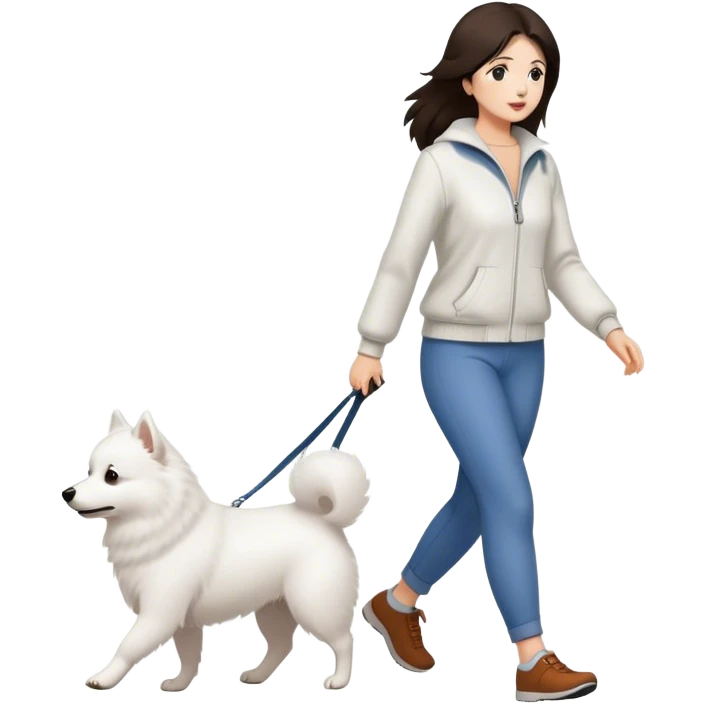 Brunette woman walking one Japanese Spitz dog emoji
