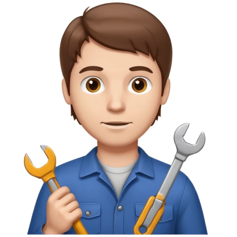 memoji style white man with brown hair, holding a wrench, neutral background emoji