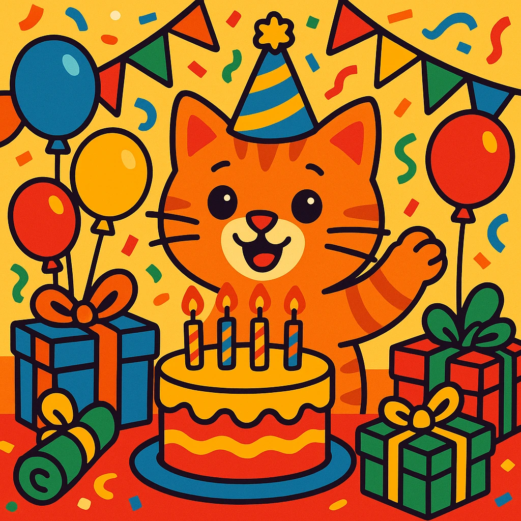 birthday party scene with colorful decorations, balloons, confetti, a large birthday cake, gifts, and a festive atmosphere, featuring a ginger tabby kitten wearing a birthday hat as the main character emoji