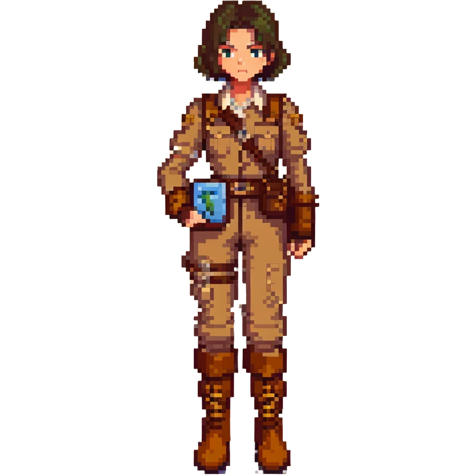 Lemeza Kosugi from La-Mulana, pixel art style, holding a map, tan explorer outfit, brown boots, determined expression, classic adventure game vibe emoji