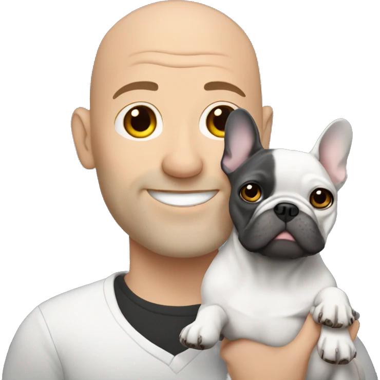 Bald man holding dark grey french bulldog  emoji