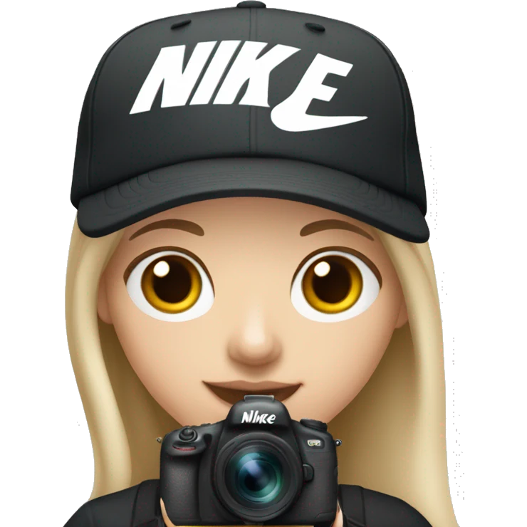 White girl with black nike cap holding camera emoji