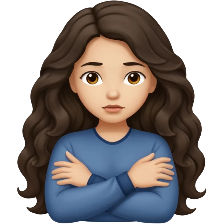 Hispanic light tan girl with long dark wavy hair crossing her arms under arm pit and slightly pouting emoji