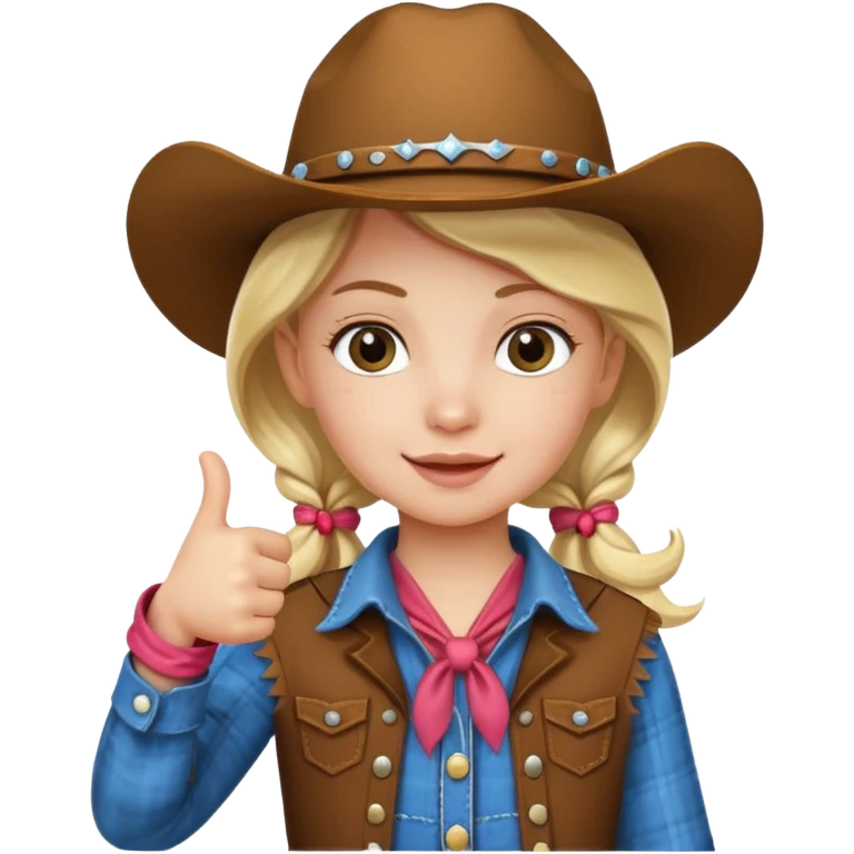 little girl dressed as a cowgirl giving a thumbs up emoji