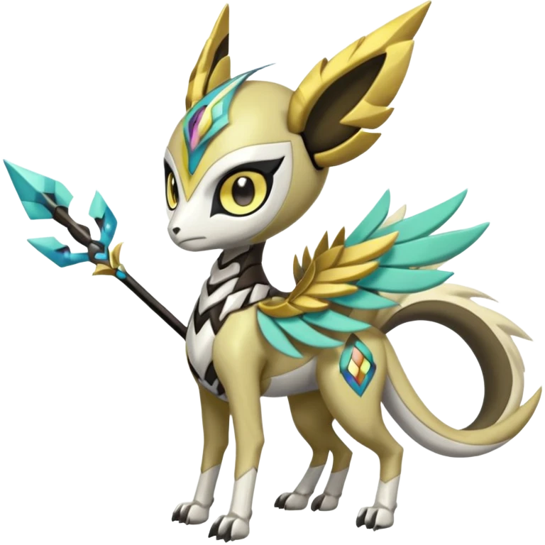 Arrow-patterned chevron-marked Cute Big-eyed anime-styled Colorful Shiny Tribal Skeletal masked armored Meloetta-Silvally-Solgaleo-Raikou-Pokémon-Digimon-Fakémon-fusion-hybrid-creature, full body emoji
