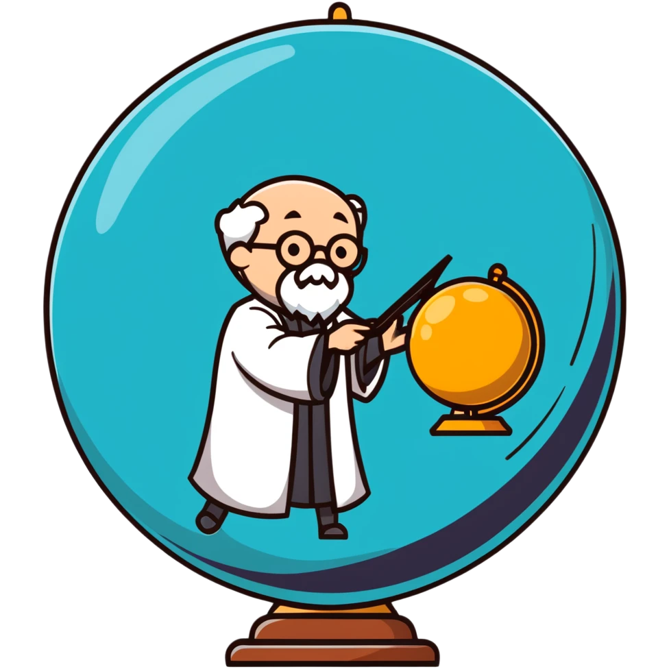 wise professor in academic robe spinning a floating globe sphere emoji