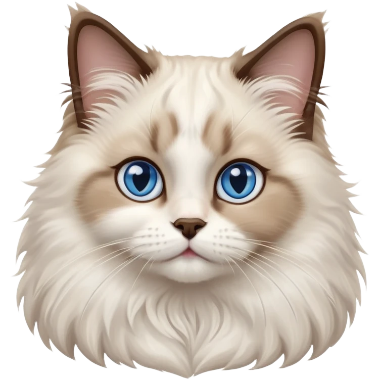 cinematic-adorable-big-eyed-fluffy-ragdoll-cat-portrait-emoji,-head-tilted-playfully-with-a-sweet-expression,-fluffy-white and brown-fur,-simplified-yet-irresistibly-cute-features-with-large,-expression, blue eyed ragdoll cat emoji