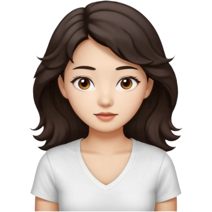 iOS style emoji. A girl with very long dark brown wavy hair. And the eyes color is dark brown. And she is wearing white t shirt with V kneck. And she is 30. She is Asian with double eyelids  emoji