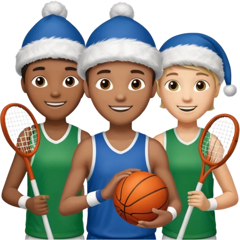 crie a imagem de 3 atletas de modalidades diferentes, usando elementos esportivos, como por exemplo bola, raquete, luca... e usando um chápeu de papai noel das cores verde e azul. emoji
