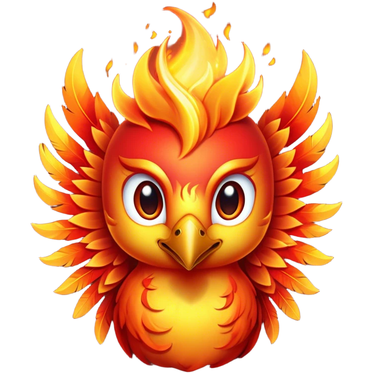 Cinematic Cute Mystical Fire Phoenix Portrait Emoji, Head tilted playfully and inquisitively, showcasing a vibrant, flame-kissed form with intricately detailed feathers in warm shades of red, orange, and shimmering gold, accented by delicate sparks and a gentle, inviting glow; rendered with lifelike detail and soft, radiant light, high shine, enchanting and spirited, styled with a touch of mythic whimsy, soft glowing outline, capturing the essence of a mischievous yet endearing phoenix poised to flutter playfully into your heart! emoji