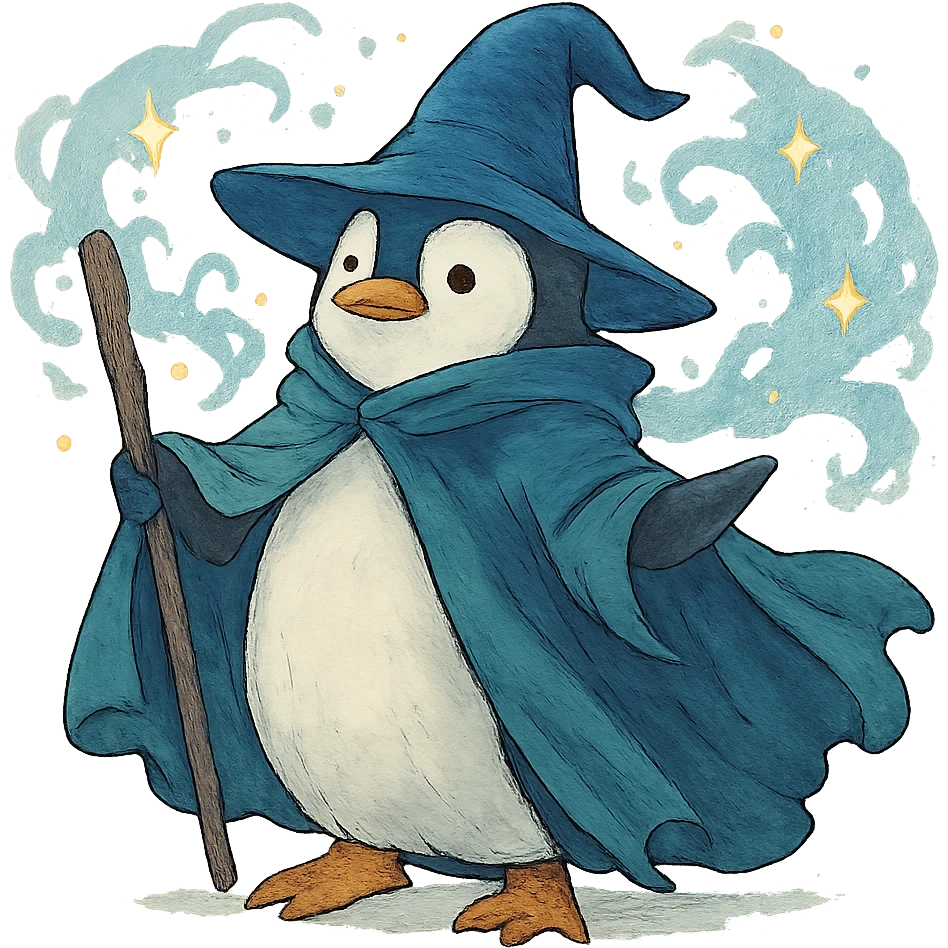 ghibli style penguin wizard with a flowing cloak and magical aura emoji