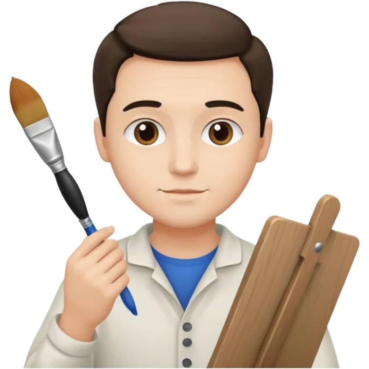 the white artist stands with his back to the painting, painting a portrait emoji
