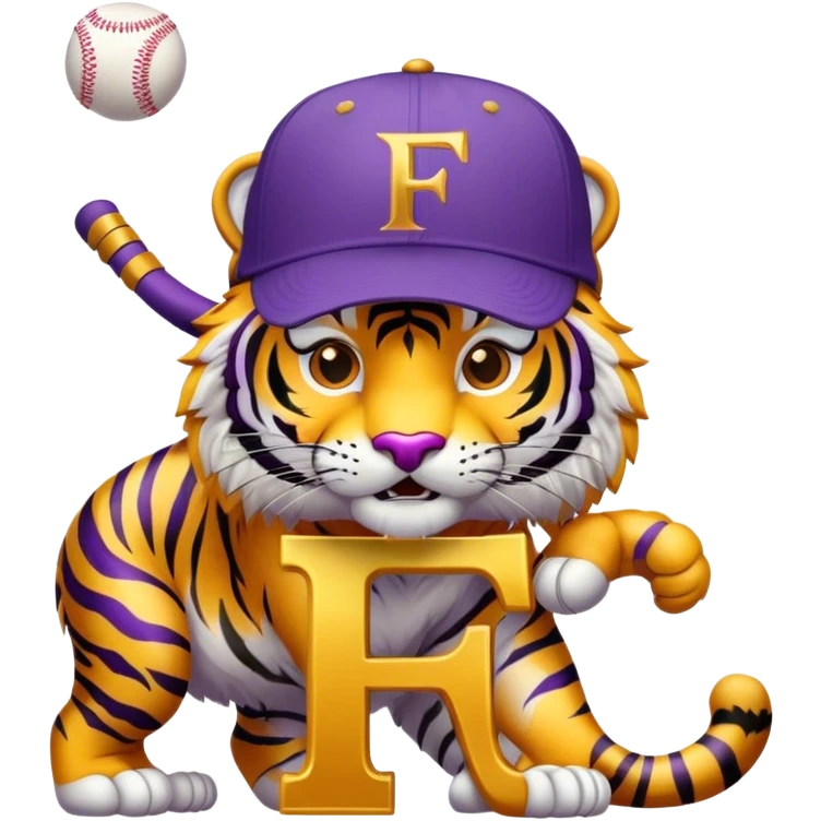 Purple and gold tiger mascot with baseball hat on with letter F  emoji