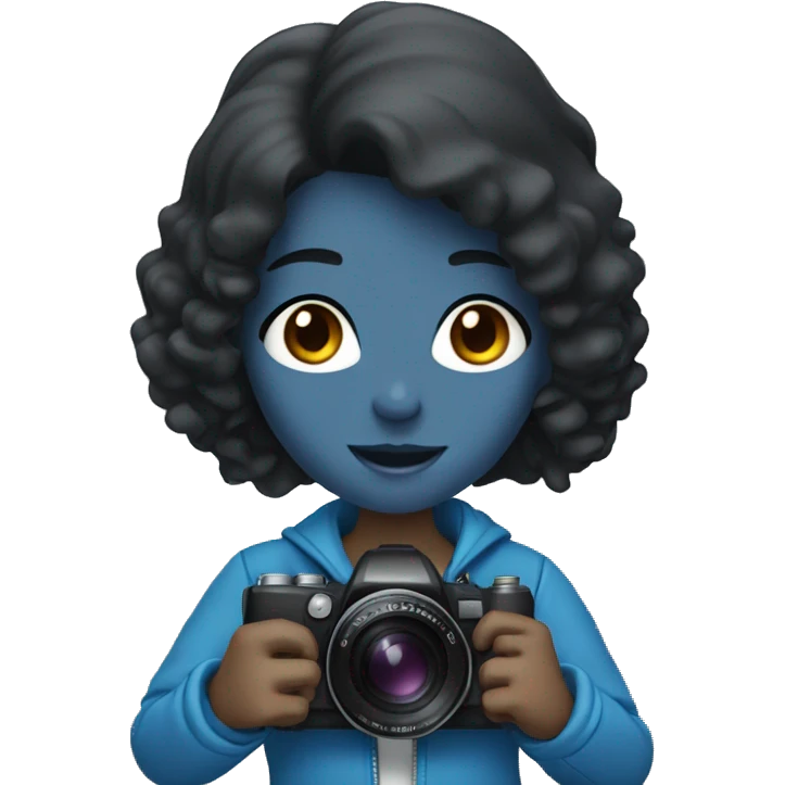 a girl with black hair, in a blue jacket, holding a camera in her hands emoji