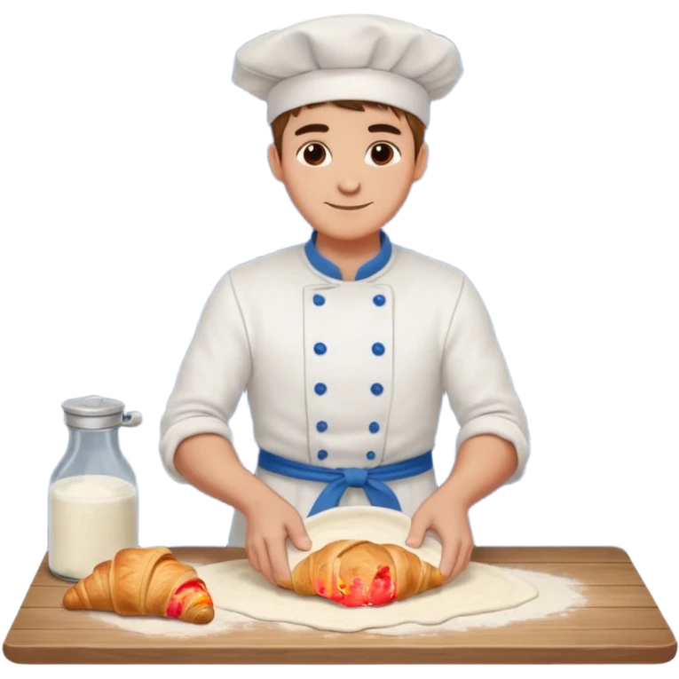 Young male baker – rolling croissant dough on a wooden table, flour on clothes

 emoji