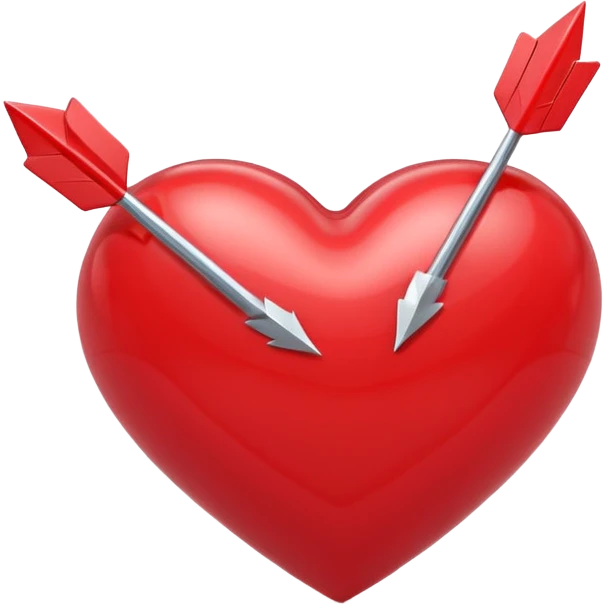 Apple-style 3D illustration of a glossy red heart pierced by a horizontal double-ended arrow. One end of the arrow has a small female symbol, the other end has a small male symbol. The heart is centered, shiny, with soft shadows, floating on a clean white background, minimal and emotional design emoji