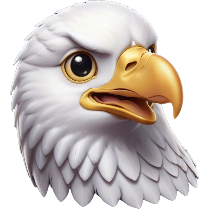 Cinematic Cute American Eagle Portrait Emoji, Head tilted playfully and inquisitively, featuring a streamlined form with a subtle blend of dark and white plumage and round, sparkling eyes full of spirited charm, Simplified yet irresistibly adorable features, highly detailed, glowing with a warm, inviting glow, high shine, affectionate and lively, stylized with a touch of whimsical aerial grace, soft glowing outline, capturing the essence of a mischievous yet endearing American eagle that seems as if it could glide out of the screen into your heart! emoji