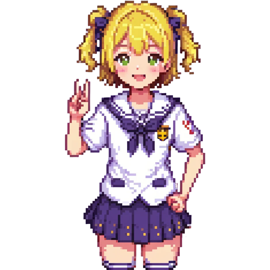 Pixel art anime girl with short bright yellow hair wearing Japanese sailor style school uniform, making victory peace signs with both hands, winking happily with excited expression emoji