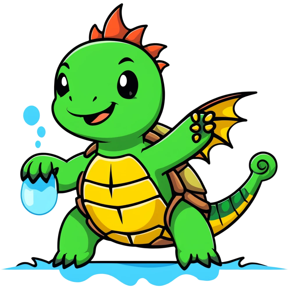 A menacing turtle with spiked shell, dragon-like wings spread wide, fangs bared, sharp claws extended, shooting water and steam emoji