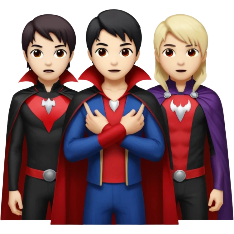 Solo poly platonic relationship, one is south African girl, one is Asian boy, one is biracial features Asian tomboy girl with anime short hair with long hair, vampire and marvel cosplay elements inspired. Could we can less human skin seems so it does not seem racist or something, use marvel colours  emoji