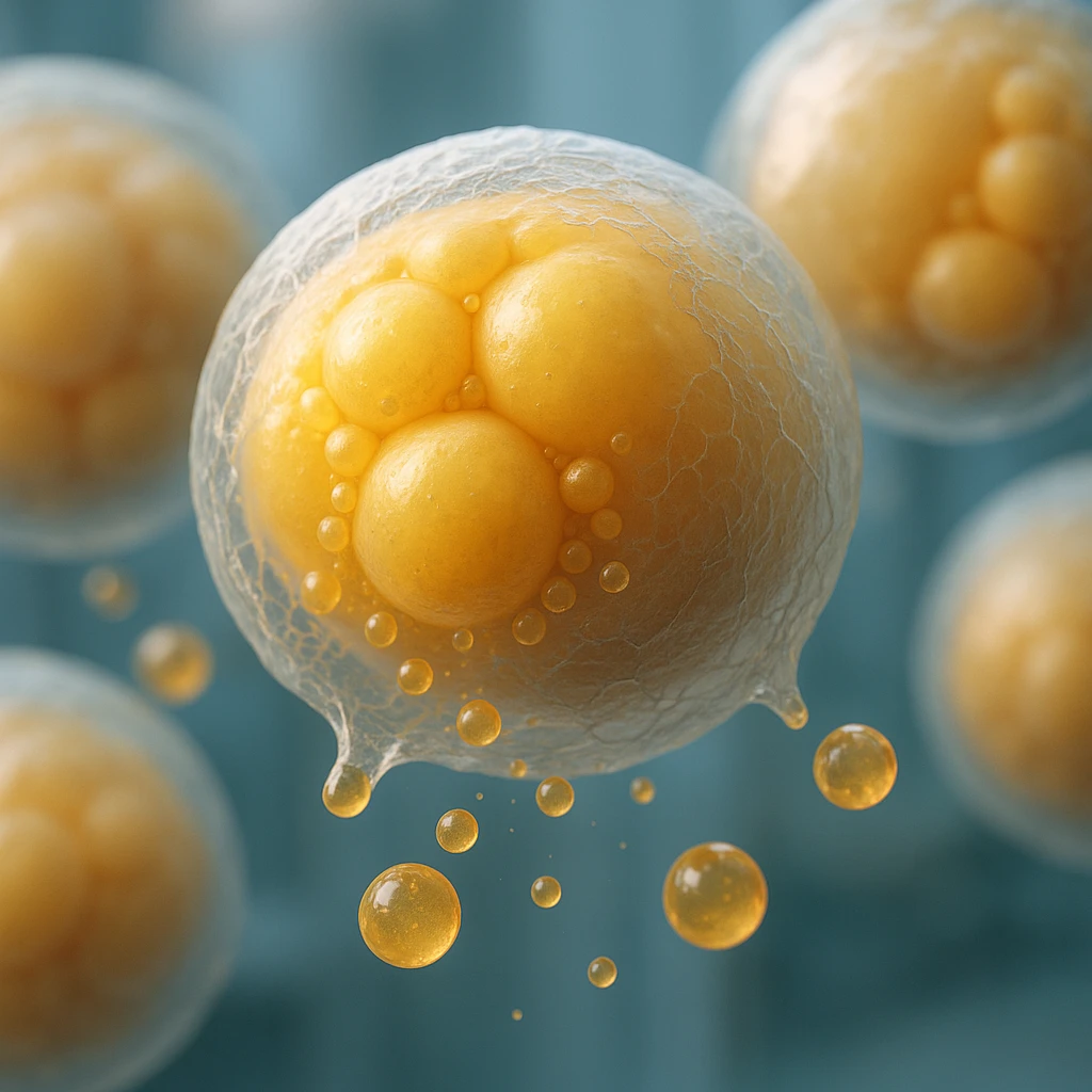 adipocytes in fat release phase, hyper realistic 4K style, membrane details, clinical atmosphere emoji