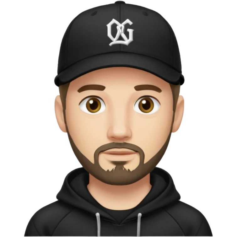 Hombre de ojos claros, con barba fina y perilla, gorra negra de baseball bordada con un 08, y sudadera negra emoji