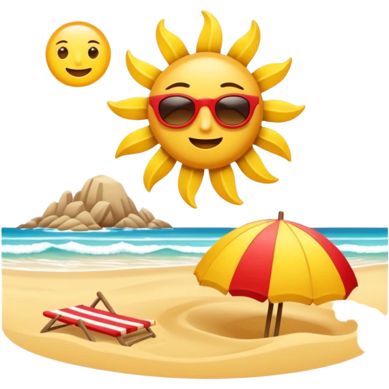 crie uma praia com areia, com sol, e canga na areia emoji