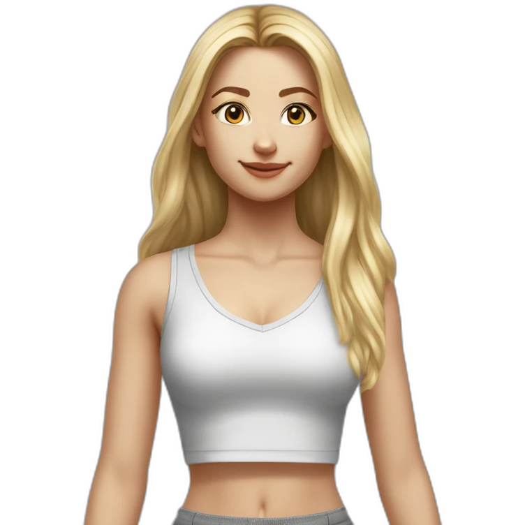 hyperrealist caucasian girl, long straight blonde hair, white v-neck laced crop tanktop, grey tight micro skirt emoji
