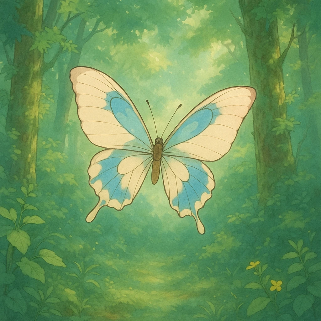 ghibli style butterfly in a lush forest, soft colors, magical atmosphere emoji