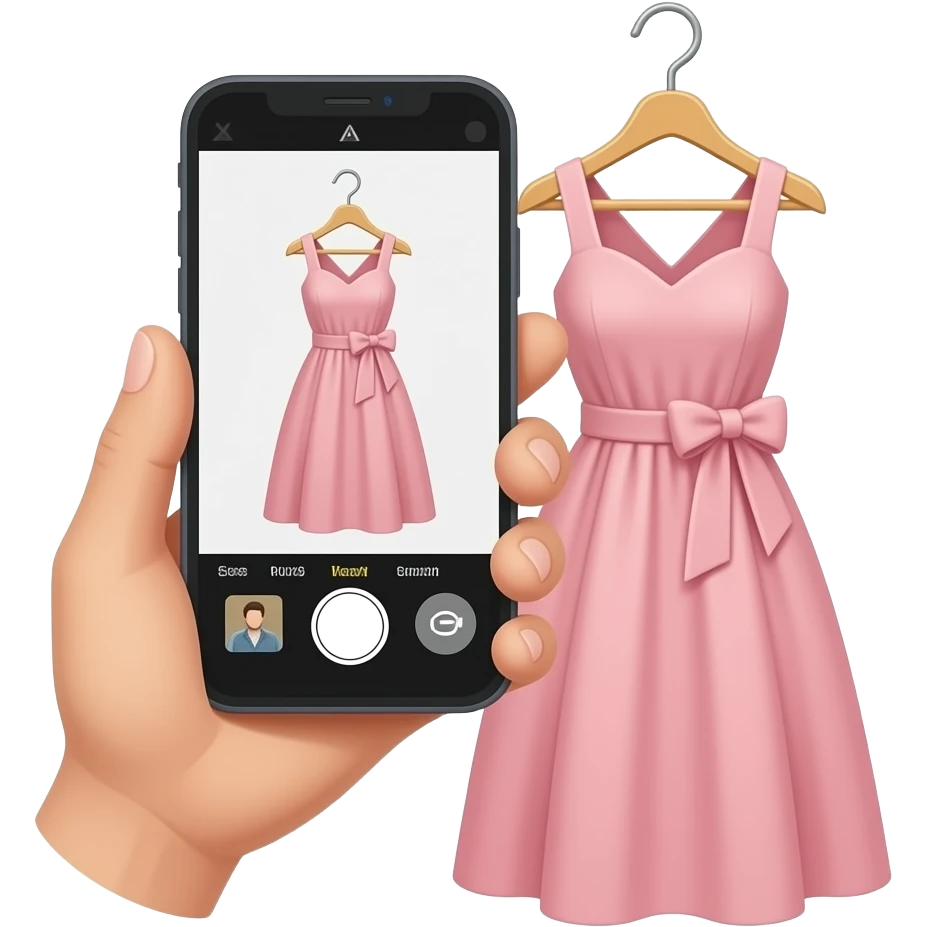 hand taking photo with her iphone to a hanging dress emoji