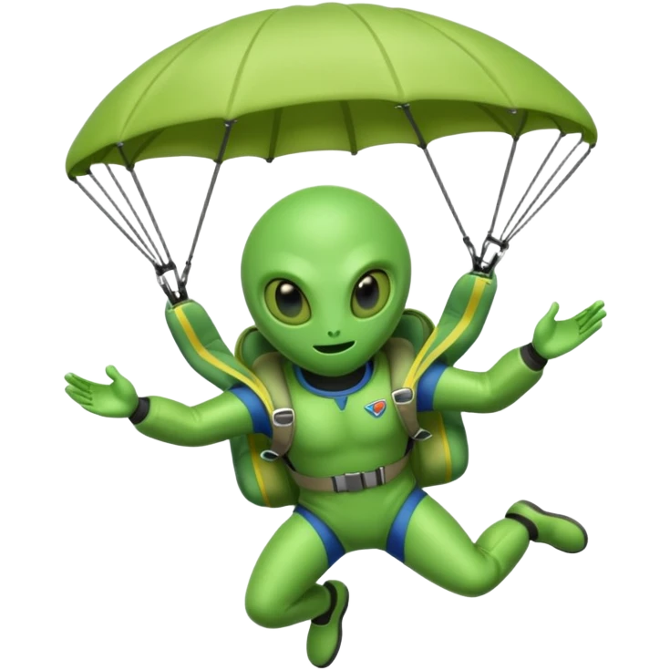 Skydiving alien with parachute and UFO emoji