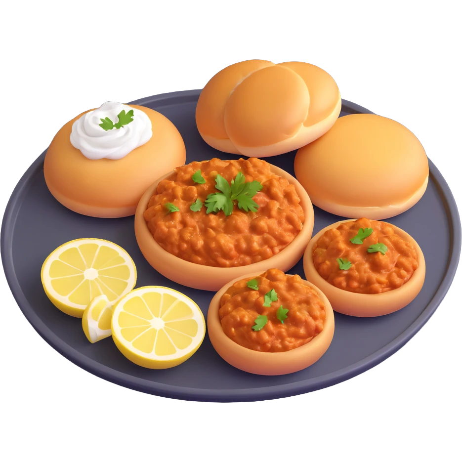 Isometric 3D pav bhaji emoji on steel plate, thick bhaji with butter, two pav buns, onions, lemon wedge, vibrant, shiny, soft shadows, warm plain background emoji