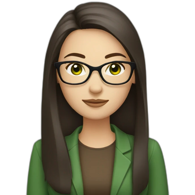 White woman with long dark brown straight hair and green eyes using glasses writing emoji