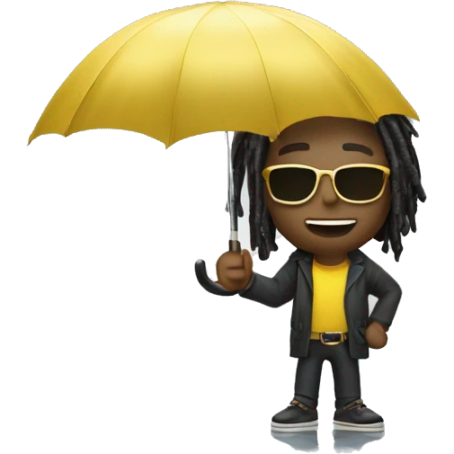 White male with dreadlock’s wearing gold sunglasses holding an umbrella for the rain as money falls from the sky  emoji