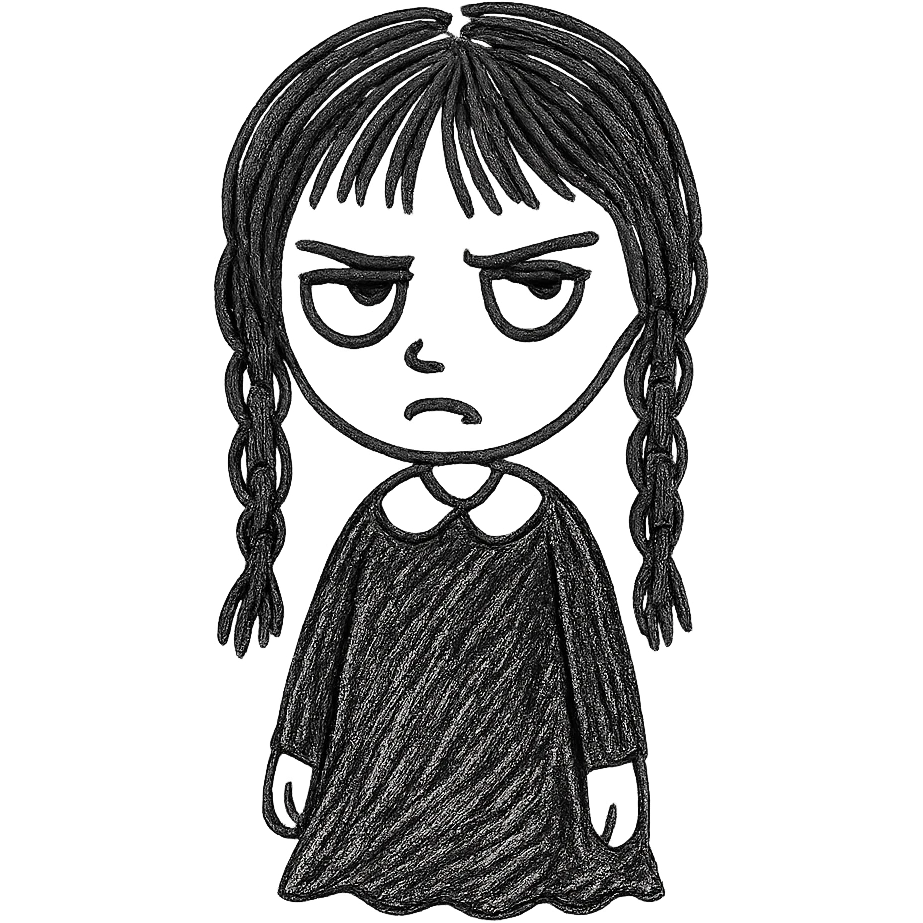 gothic girl, moody expression, black dress, textured lines, hand drawn sketch style emoji
