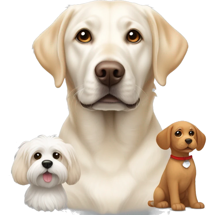 White Labrador next to a red goldendoodle, next to a gray and white puggle, next to a white havanese  emoji