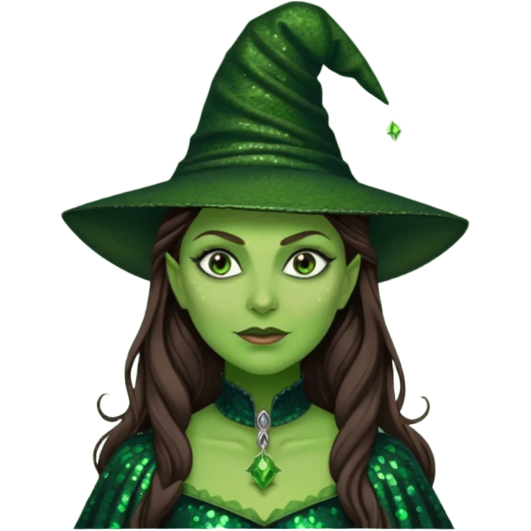 Elphaba, Wicked Witch of the West from The Wizard of Oz with long brown hair, dark green sequin outfit, green skin emoji