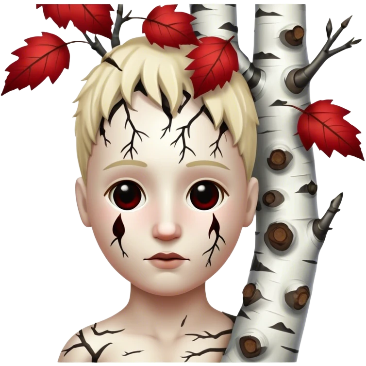 happy white head made of birch tree with lack marks and red leaves emoji