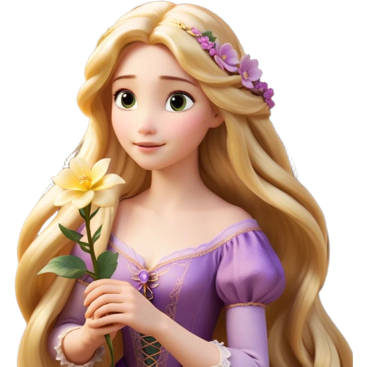 Cinematic Realistic Rapunzel Portrait, with porcelain-like skin featuring a subtle, natural glow, illuminated by soft lighting that brings out the gentle contours of her face. Her long, golden blonde hair cascades in detailed waves, each strand highlighted with a radiant shimmer as it catches the light. She playfully holds a flower in one hand, her other hand resting casually in her lap, with a warm and spirited expression. Her bright, expressive green eyes exude curiosity and warmth, framed by delicate lashes and soft, arched brows. She is dressed in her classic lavender and pink gown, the fabric textured with delicate folds that flow naturally, catching the light with a soft, radiant glow. The portrait captures a luminous, enchanting aura, seamlessly blending realism with a whimsical, fairytale charm, evoking a timeless sense of beauty and magic. emoji