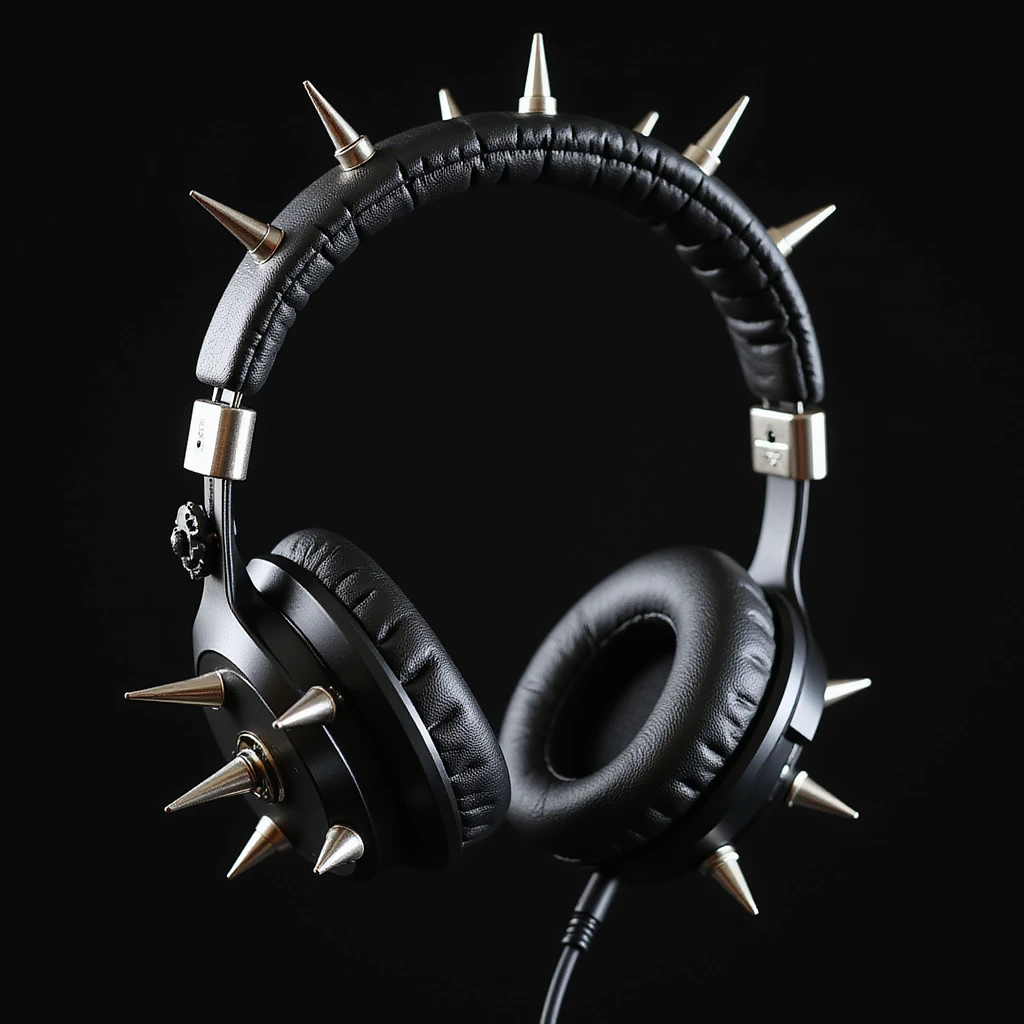 realistic goth headphones, black with silver spikes, photorealistic style emoji