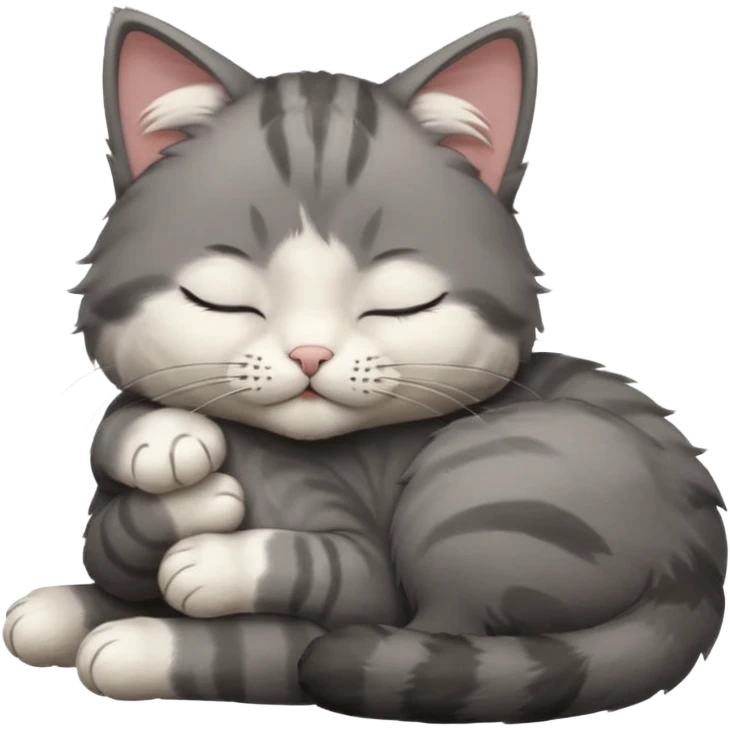 dark grey and white small cat with closed eyes, leaning his head on his paw while leaning on his elbow lying down emoji